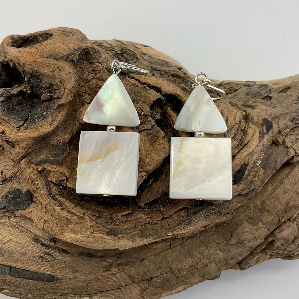 Mod Mother of Pearl Earrings, Handmade, Triangles & Squares, Neutral